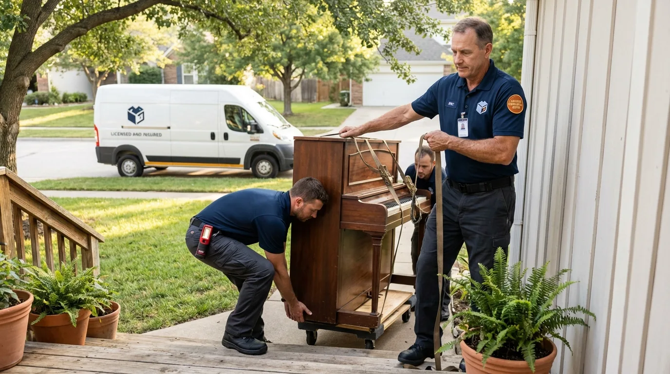Licensed piano movers securing grand piano in Mount Carroll, IL